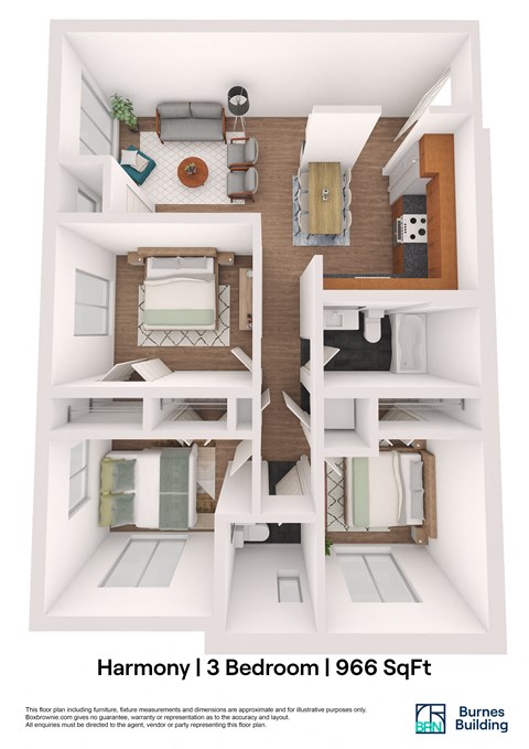 Floor plan for 3 beds, 1.5 baths, 996 sqft